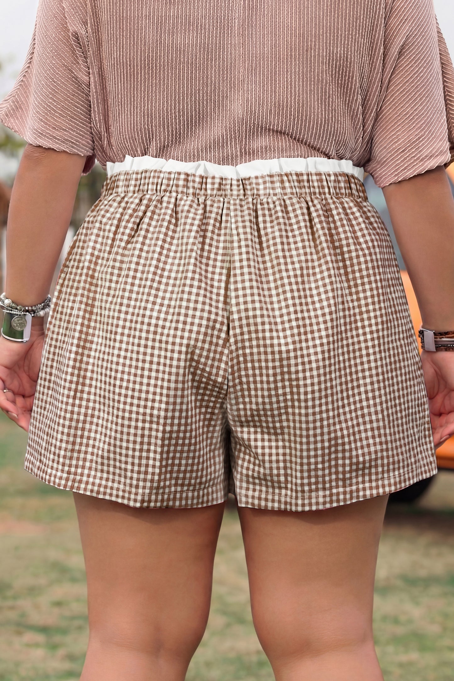 Red Contrast Trim Plaid Print Plus Size Shorts