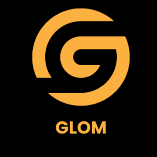Gold 'GLOM' logo on a white background